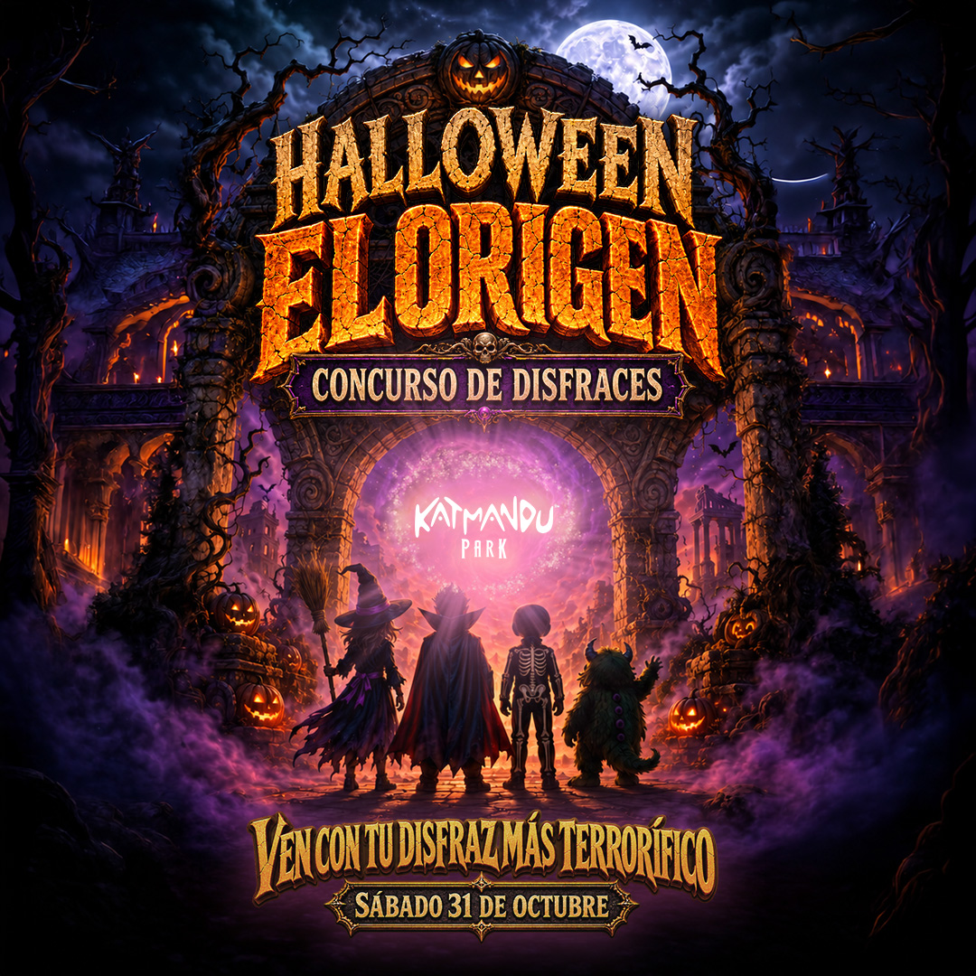 Cartel de Halloween El Origen en Katmandu Park Mallorca, con concurso de disfraces el sábado 31 de octubre de 2026